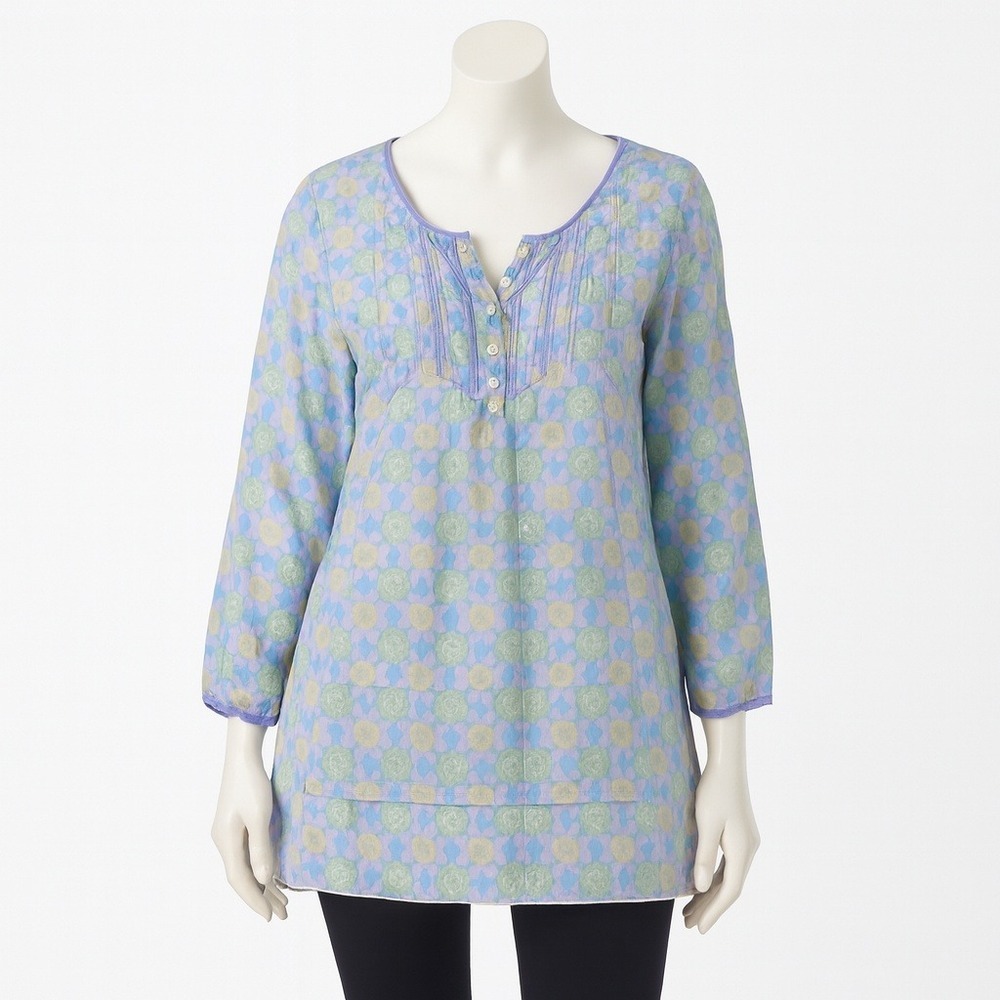 Me Mary Ellen‎ Cotton Floral Print Pintuck Henley Tunic Blouse Blue XL Womens